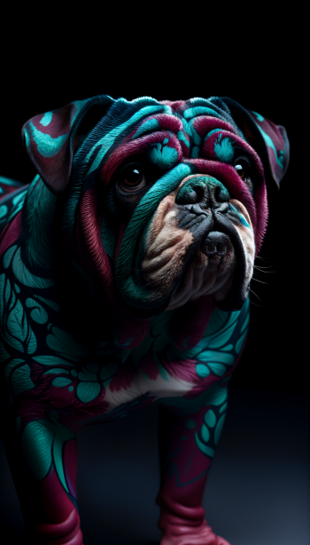 A vibrant, artistic depiction of a bulldog with intricate patterns and bold colors, designed as an eye-catching phone wallpaper.