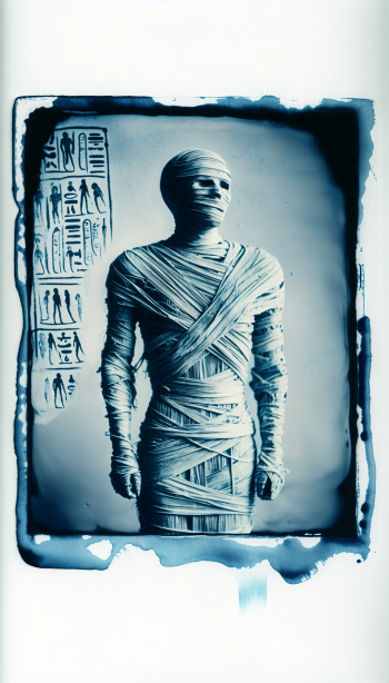 A striking phone wallpaper featuring a mummy wrapped in linen, posed against ancient Egyptian hieroglyphics, evoking a sense of mystery and history.