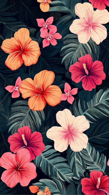 A vibrant phone wallpaper featuring a lush arrangement of aesthetic flowers, showcasing bright hibiscus in shades of orange, pink, and white, set against dark green leaves.