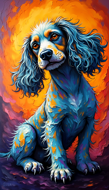 Colorful artistic illustration of a cocker spaniel dog with flowing fur against a fiery orange and pink background, designed as a vibrant phone wallpaper for iPhone and Android.