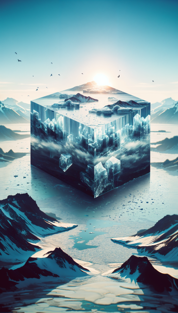 A surreal, icy cube floats above a serene landscape, with mountains and clouds surrounding it, creating a captivating phone wallpaper design.