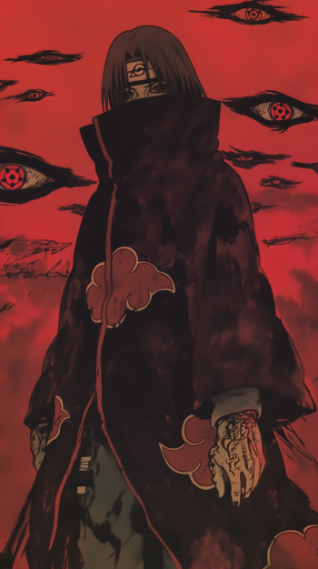 Itachi Uchiha stands prominently in a dark cloak, surrounded by ominous Sharingan eyes, set against a striking red background. A captivating anime wallpaper for fans of Naruto and Akatsuki.