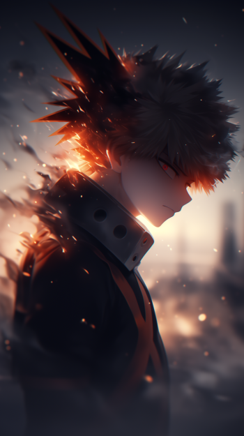 A dramatic phone wallpaper featuring Katsuki Bakugou from My Hero Academia, showcasing his intense profile against a fiery, dynamic background.