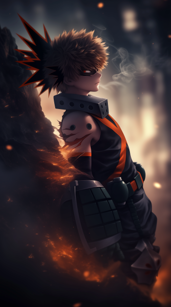 A striking phone wallpaper featuring Katsuki Bakugou from My Hero Academia, showcasing his fierce determination amidst a dramatic smoky background.