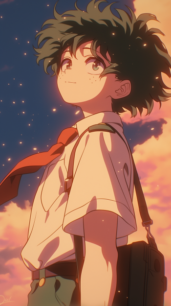 A colorful phone wallpaper featuring Izuku Midoriya from My Hero Academia, looking upwards with a hopeful expression against a vibrant sunset background.