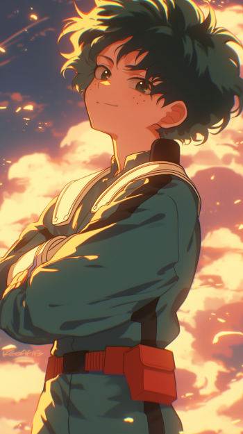 A vibrant anime-style phone wallpaper featuring Izuku Midoriya from My Hero Academia, standing confidently against a backdrop of colorful clouds.