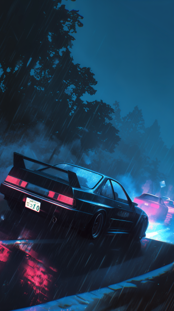 A dramatic anime wallpaper featuring JDM cars on a rainy night, with vibrant neon lights reflecting off the wet pavement and moody, atmospheric surroundings.