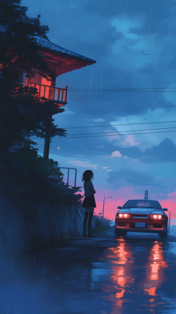 A tranquil anime scene depicts a girl standing by the roadside under rain, with an illuminated house in the background and a parked car reflecting colorful lights on the wet pavement.