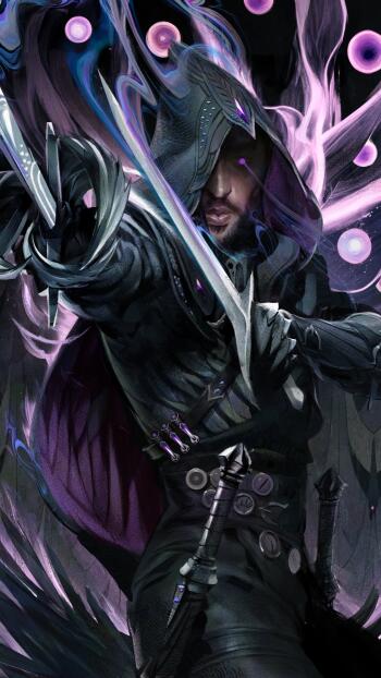 A dramatic phone wallpaper featuring an assassin from the video game Dragon Age: The Veilguard, shrouded in dark hues and wielding dual blades amidst swirling magical orbs.