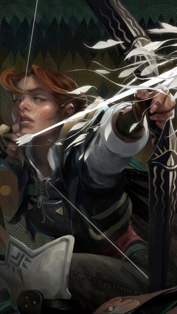 A powerful archer readies her shot in this stunning wallpaper from *Dragon Age: The Veilguard*, capturing the intensity and skill of the character in vibrant detail.