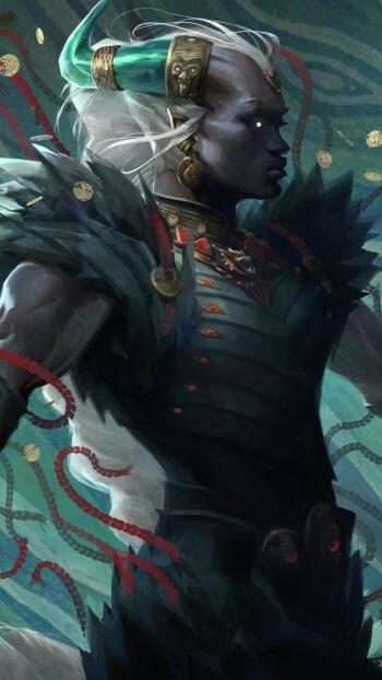 A striking phone wallpaper featuring a necromancer from Dragon Age: The Veilguard, showcasing a powerful figure adorned in ornate armor with vibrant, mystical elements in the background.