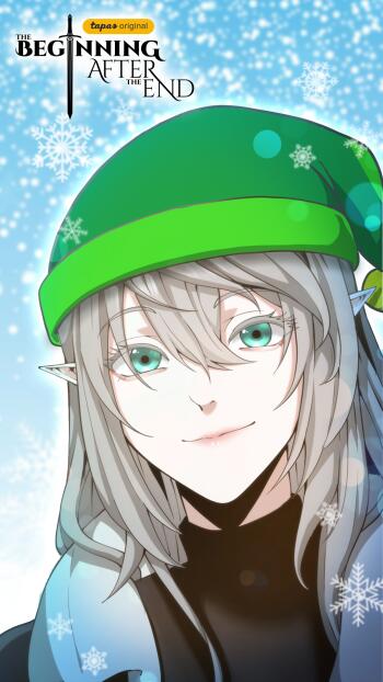 A vibrant phone wallpaper featuring a character from the novel The Beginning After The End. The character has silver hair, green eyes, and wears a green hat, surrounded by falling snowflakes.