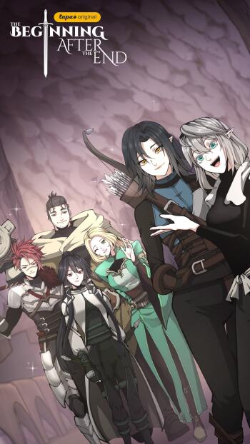 A vibrant phone wallpaper featuring characters from the novel The Beginning After The End, showcasing a diverse group in an adventure setting with dynamic poses and expressions.