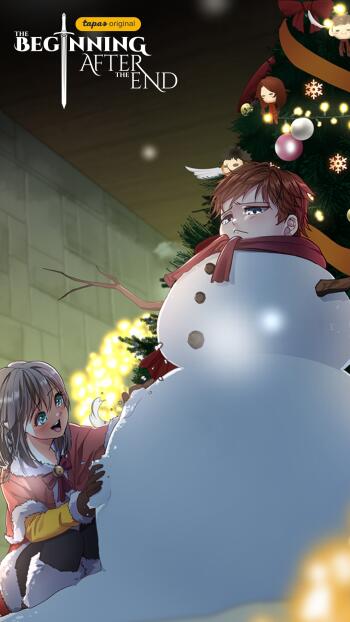 A whimsical phone wallpaper from The Beginning After The End, featuring a girl joyfully building a snowman beside a contemplative boy, set against a festive backdrop of a decorated tree.