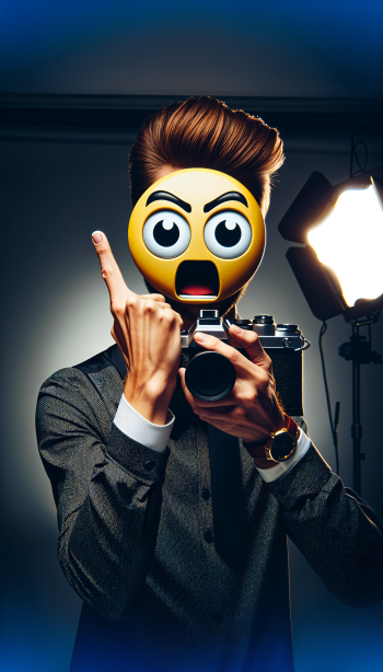 A person with an emoticon face holds a camera, looking surprised and pointing, set against a dramatic lighting backdrop, making for a striking phone wallpaper.