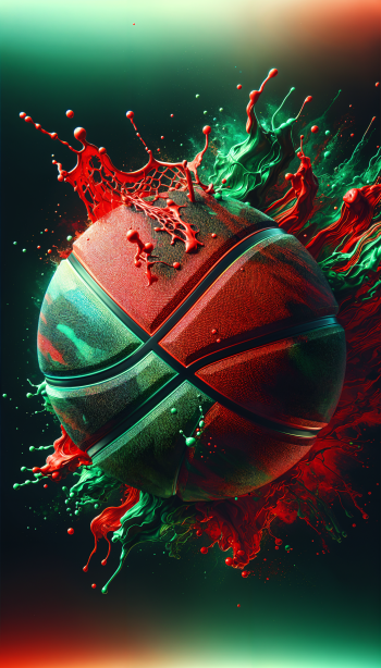 A vibrant basketball explodes with splashes of red and green, set against a dark background, creating a dynamic phone wallpaper that captures the energy of the sport.