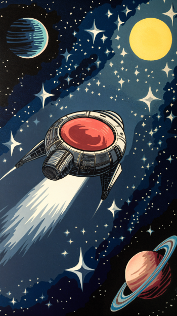 A vibrant space-themed phone wallpaper featuring a sleek spaceship navigating through a starry galaxy, surrounded by colorful planets and a bright sun.