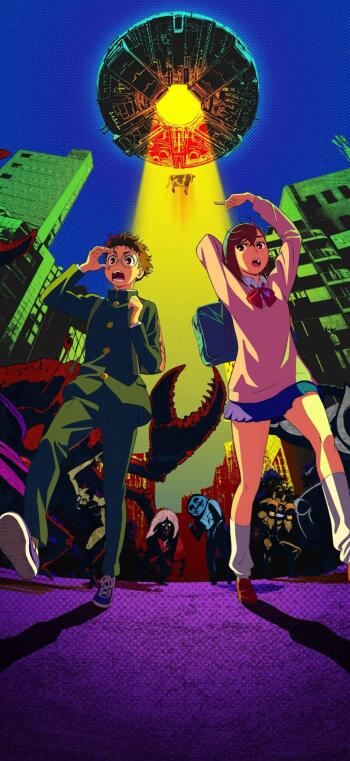 Phone wallpaper featuring anime characters Momo Ayase and Ken Takakura from Dandadan, set against a vibrant cityscape with a bright UFO spotlight and shadowy creatures.