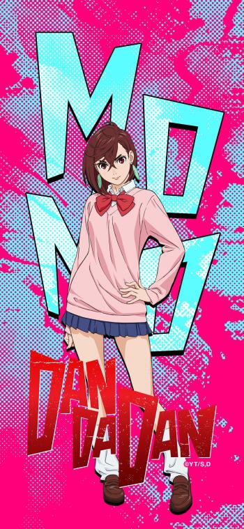 Phone wallpaper featuring Momo Ayase from the anime Dandadan with a vibrant pink and blue comic-style background.