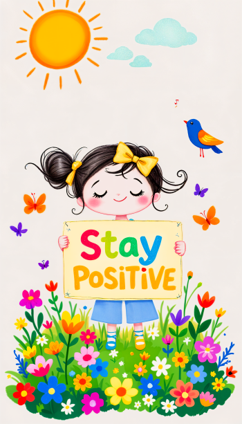 A cheerful illustration featuring a girl holding a sign that says Stay Positive, surrounded by vibrant flowers, butterflies, and a sunny sky, designed as a phone wallpaper.