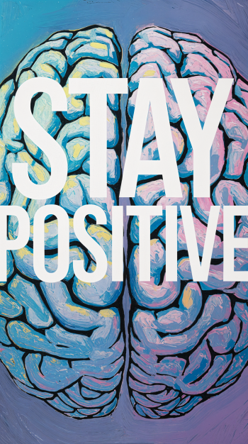 A colorful phone wallpaper featuring a stylized brain illustration with the bold text STAY POSITIVE prominently displayed, encouraging a positive mindset.