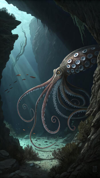  Dive into the mysterious depths of an underwater cave where a majestic octopus reigns supreme.