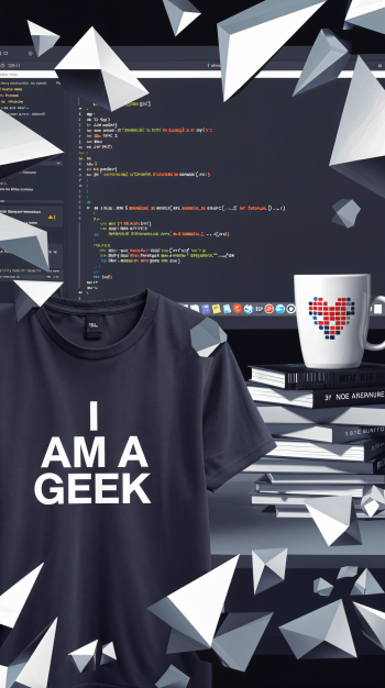 A tech-themed phone wallpaper featuring a t-shirt that reads I AM A GEEK, a coffee mug, and coding displayed on a computer screen, surrounded by geometric shapes.