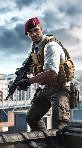 A soldier in tactical gear, wearing a red beret, stands ready with a rifle on a rooftop, set against an urban battlefield backdrop. This image serves as a striking phone wallpaper.