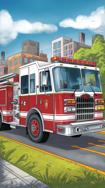 A vibrant illustration of a fire truck on a city street, set against a backdrop of buildings and greenery, designed as a phone wallpaper.