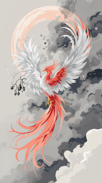 A vibrant phoenix soars against a cloudy backdrop, its fiery red and white feathers contrasting with soft grays and a pale moon, creating a striking phone wallpaper.