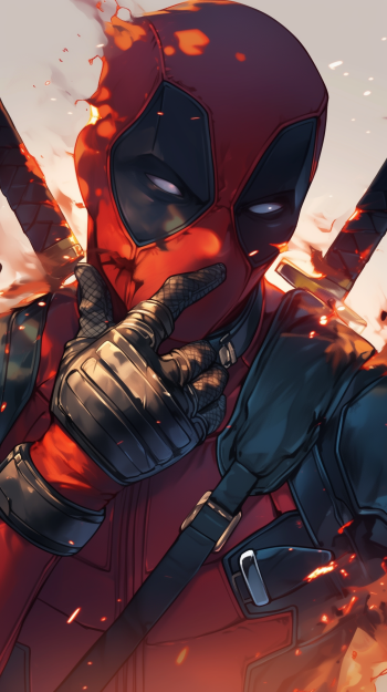 A vibrant Deadpool comic artwork featuring the character with a playful expression, set against a backdrop of fiery effects. This striking design makes an engaging phone wallpaper.