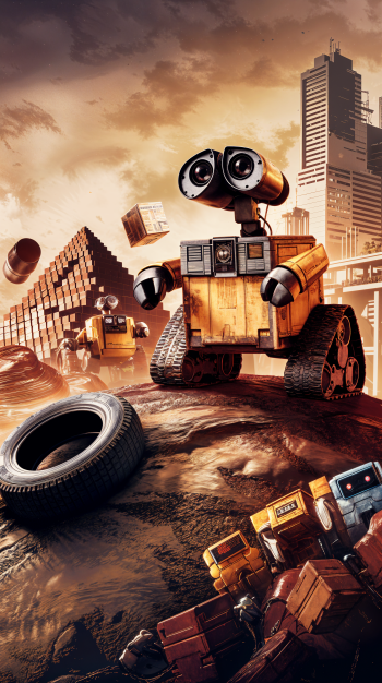 Colorful phone wallpaper featuring Wall·E, the lovable robot, amidst a post-apocalyptic landscape filled with debris and other robots, showcasing themes of adventure and environmentalism.