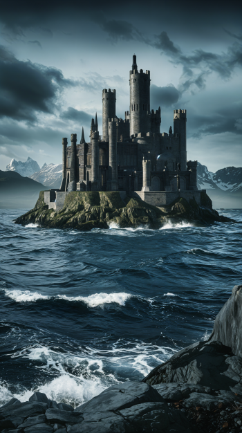 A dark fantasy phone wallpaper depicting a towering castle on a rocky island, surrounded by turbulent seas and ominous skies, evoking a sense of mystery and adventure.
