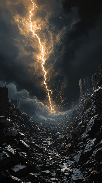 A dramatic phone wallpaper featuring a powerful lightning strike illuminating a dark, stormy sky above a desolate landscape of rubble and debris.