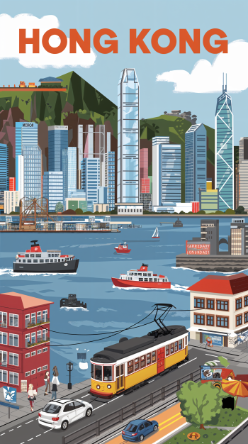 A colorful illustration of Hong Kong, featuring iconic skyscrapers, boats on the water, and a vintage tram, ideal as a vibrant phone wallpaper.