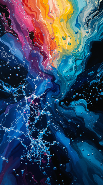A vibrant abstract design featuring swirling colors of red, yellow, blue, and green, interspersed with bubbles and fluid patterns, creating a captivating phone wallpaper.