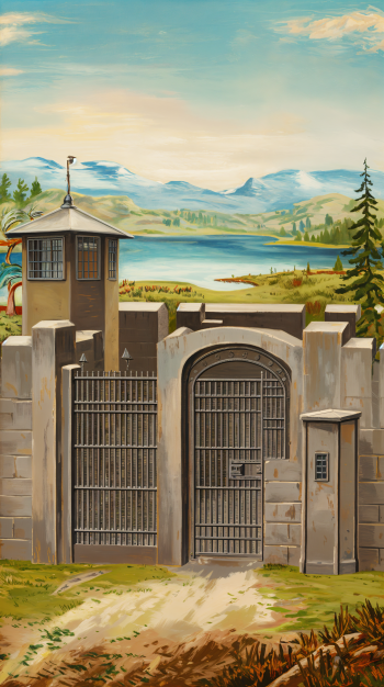 A stylized phone wallpaper featuring a prison gate with a watchtower, set against a scenic backdrop of mountains and a lake. The image combines elements of confinement and natural beauty.