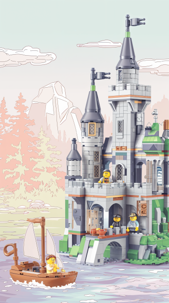 Colorful LEGO castle scene with figures engaged in activities, set against a serene landscape, featuring a small sailboat on shimmering water. Vibrant design, great for a phone wallpaper.