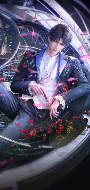 A striking phone wallpaper featuring Rafayel from Love and Deepspace, blending elegance and cosmic elements with petals, set against a sci-fi backdrop.