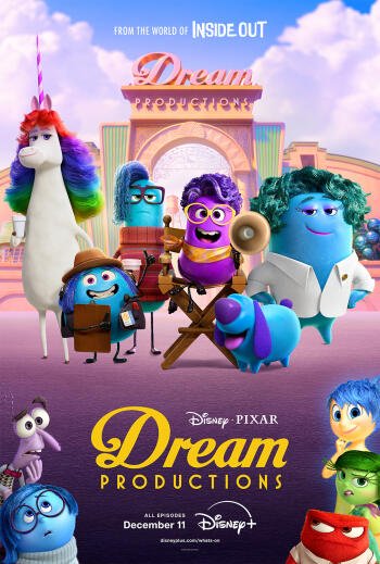 Colorful characters from Disney and Pixar's Inside Out stand in front of the Dream Productions logo. Phone wallpaper featuring vibrant, whimsical elements celebrating creativity.