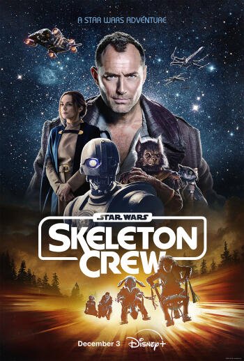 A dramatic poster for the TV show Star Wars: Skeleton Crew, featuring key characters amidst a cosmic backdrop, highlighting their adventurous journey. Premiering December 3 on Disney+.