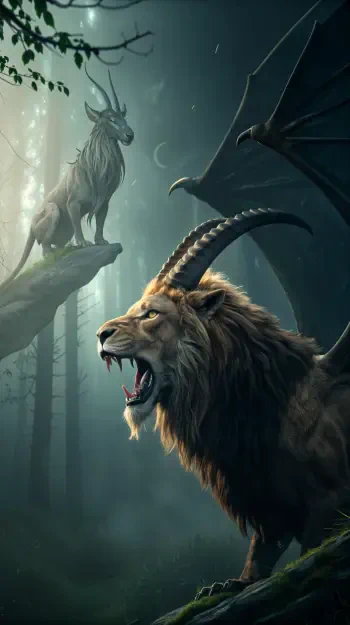 A mystical chimera stands in a dark forest, featuring a fierce lion's face in the foreground and a goat-like creature with horns in the background, creating an enchanting phone wallpaper.