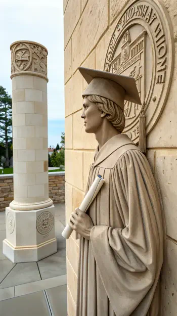 A detailed stone sculpture of a graduate holding a diploma stands beside an emblematic column, capturing the essence of graduation and achievement, ideal for a phone wallpaper.