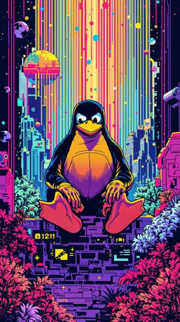 A vibrant phone wallpaper featuring Tux, the Linux mascot, surrounded by colorful landscapes and futuristic elements, capturing a digital, tech-inspired aesthetic.