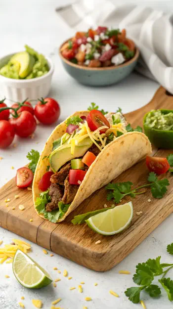 A vibrant taco filled with meat, fresh vegetables, and cheese sits on a wooden board, surrounded by cherry tomatoes and bowls of guacamole and salsa, perfect as a phone wallpaper.
