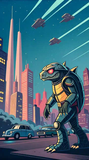 A stylized turtle humanoid walks through a cityscape at night, with towering skyscrapers and futuristic vehicles under a starry sky, creating a vibrant sci-fi atmosphere.