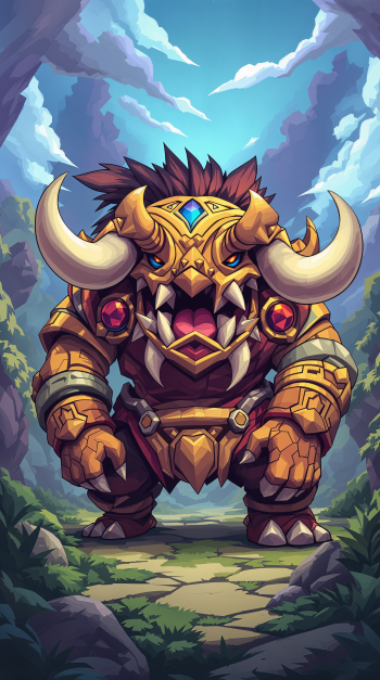 A powerful, armored creature stands on a winding path surrounded by lush greenery, showcasing intricate details and vibrant colors, perfect for a dynamic phone wallpaper.