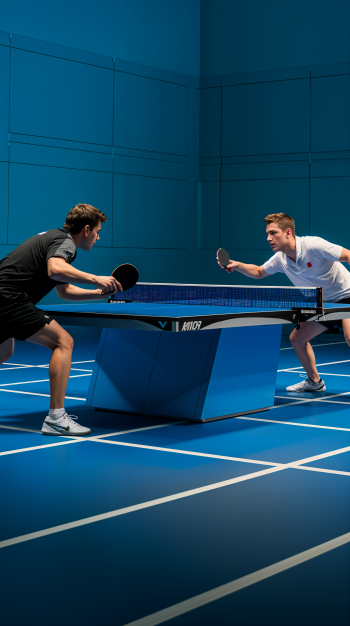 Two players compete in an intense indoor table tennis match on a bright blue court, captured in a dynamic phone wallpaper designed for iPhones and Android devices.