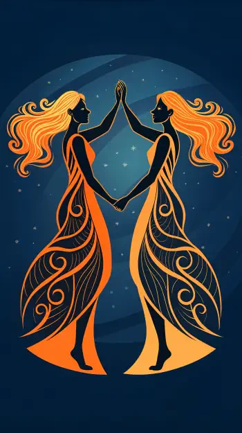 An artistic phone wallpaper featuring two stylized figures representing Gemini, with flowing hair and intertwined hands against a starry blue background.