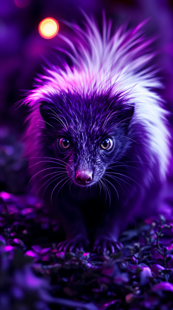 Close-up of a skunk illuminated by vibrant purple light at night, captured in striking detail as a wildlife-themed phone wallpaper for iPhone and Android devices.